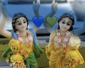 Deities in New Vrindavana dressed in Ukrainian colors